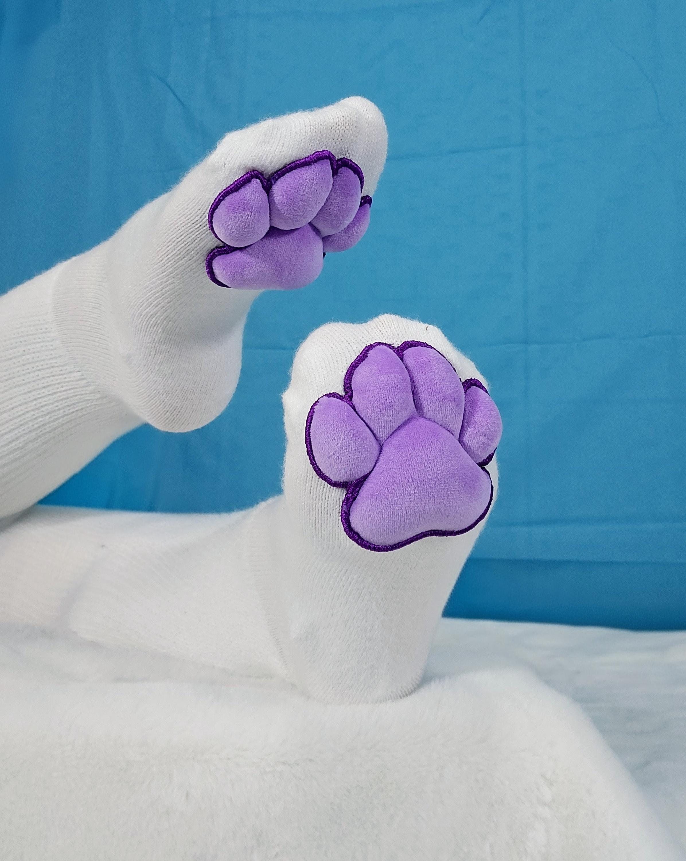 Plush Purple Mochi Paw Pads on White Thigh High Socks