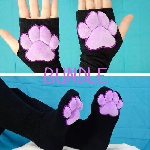 Bundle Black Gloves and Thigh High with Purple Plush Paw Pads