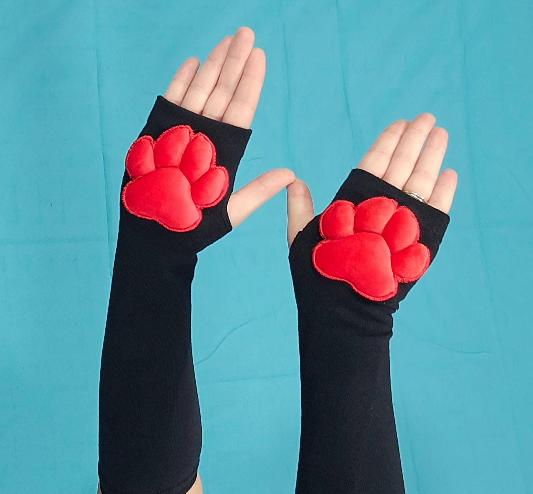 Paw Pad Socks and Gloves Bundle Black Thigh High with Red Plush Paws