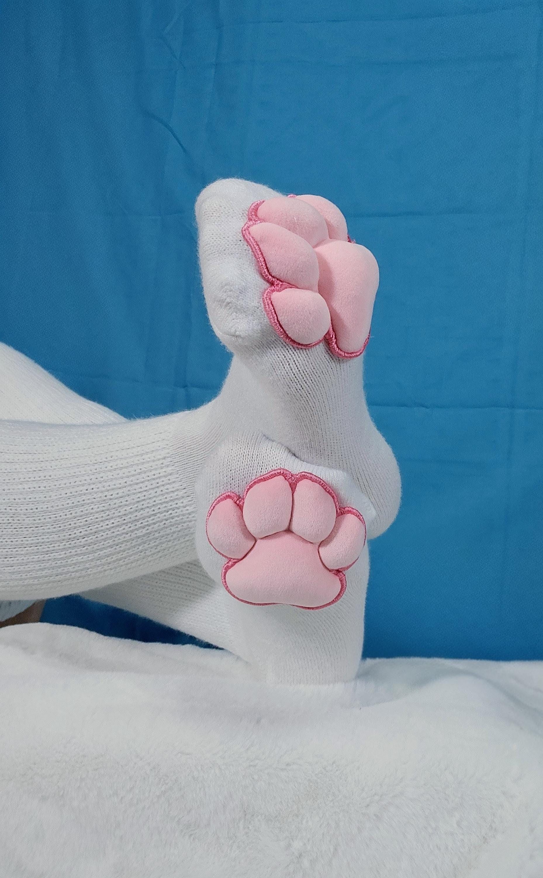 Mochi Stuffed Puffy Pink Cat Paw Pad Beans on White Thigh High Stockings