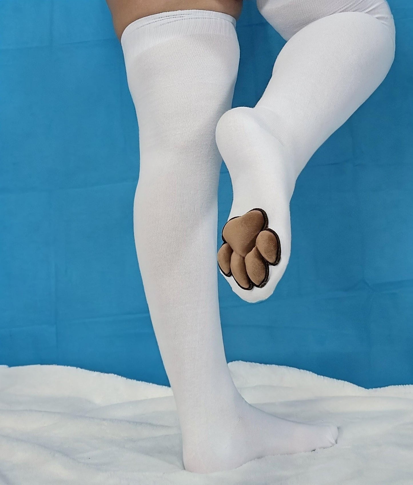 Plush Brown Mochi Paw Pad Beans on White Thigh High Stockings