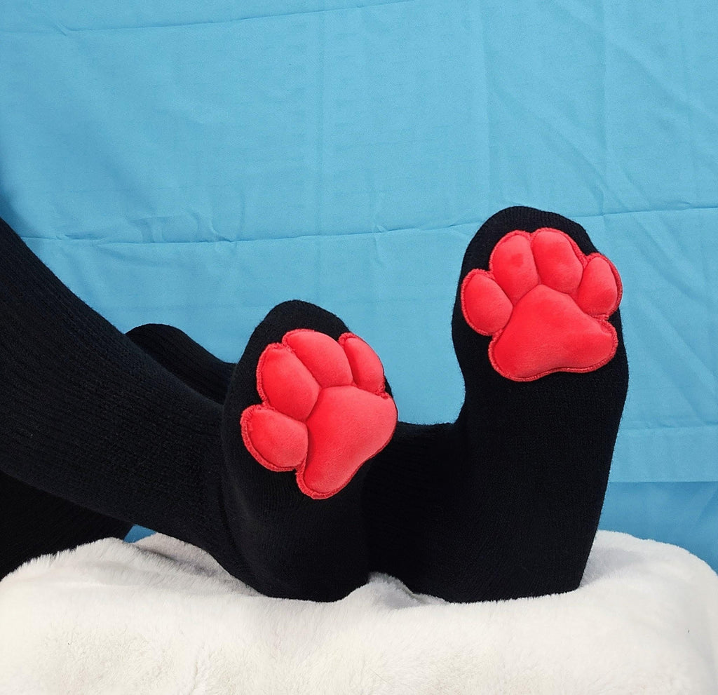 Paw Pad Socks and Gloves Bundle Black Thigh High with Red Plush Paws