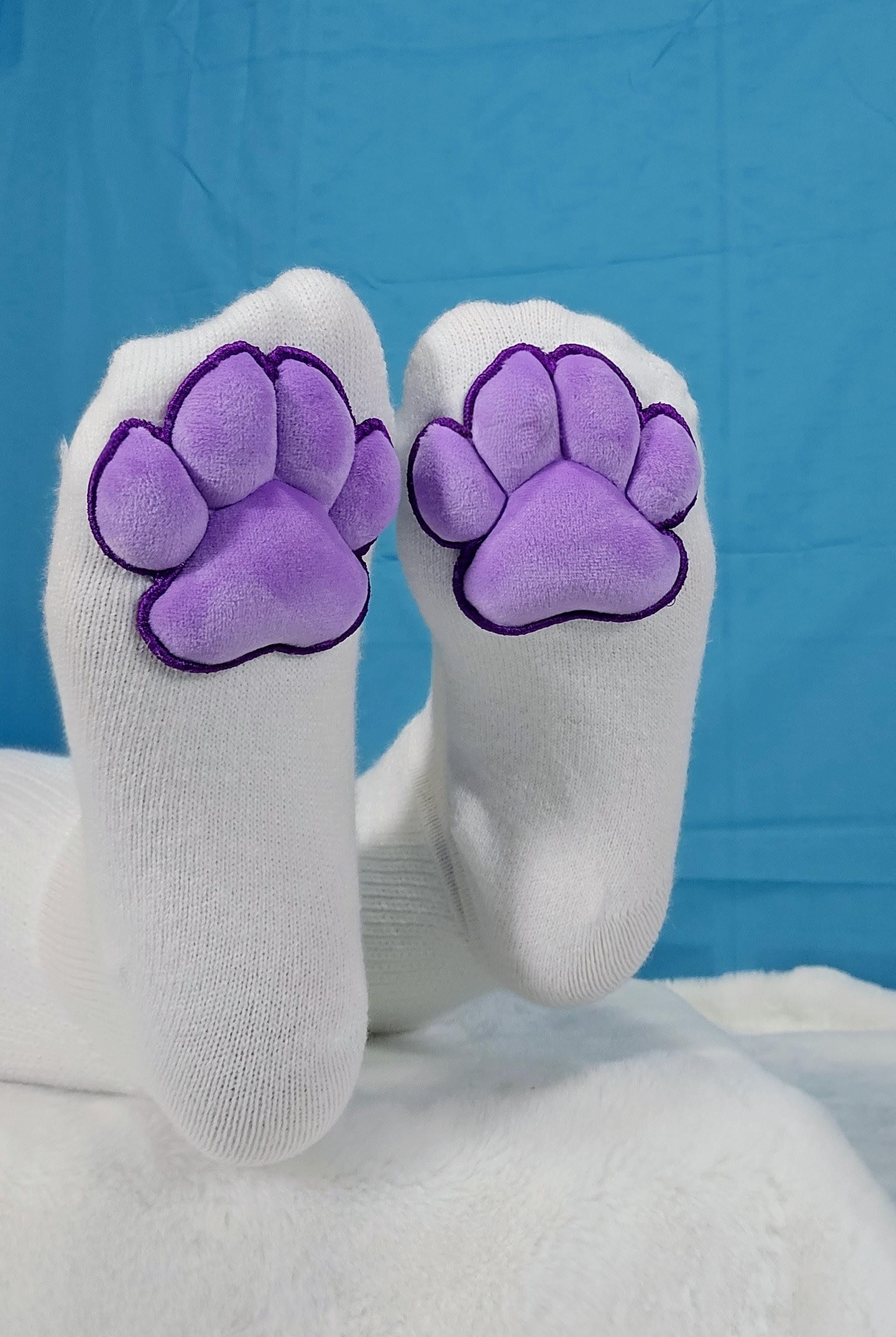 Plush Purple Mochi Paw Pads on White Thigh High Socks