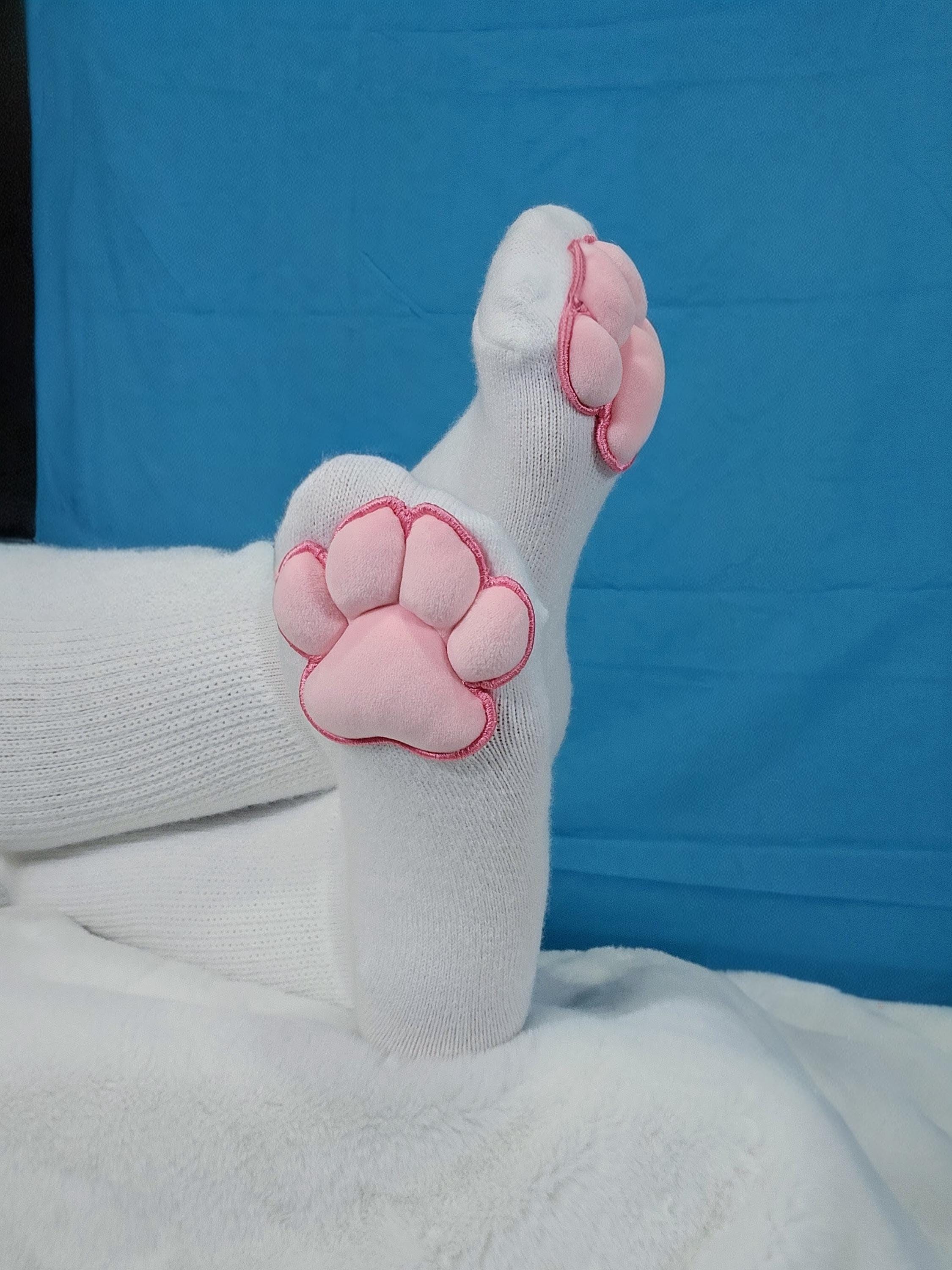 Mochi Stuffed Puffy Pink Cat Paw Pad Beans on White Thigh High Stockings