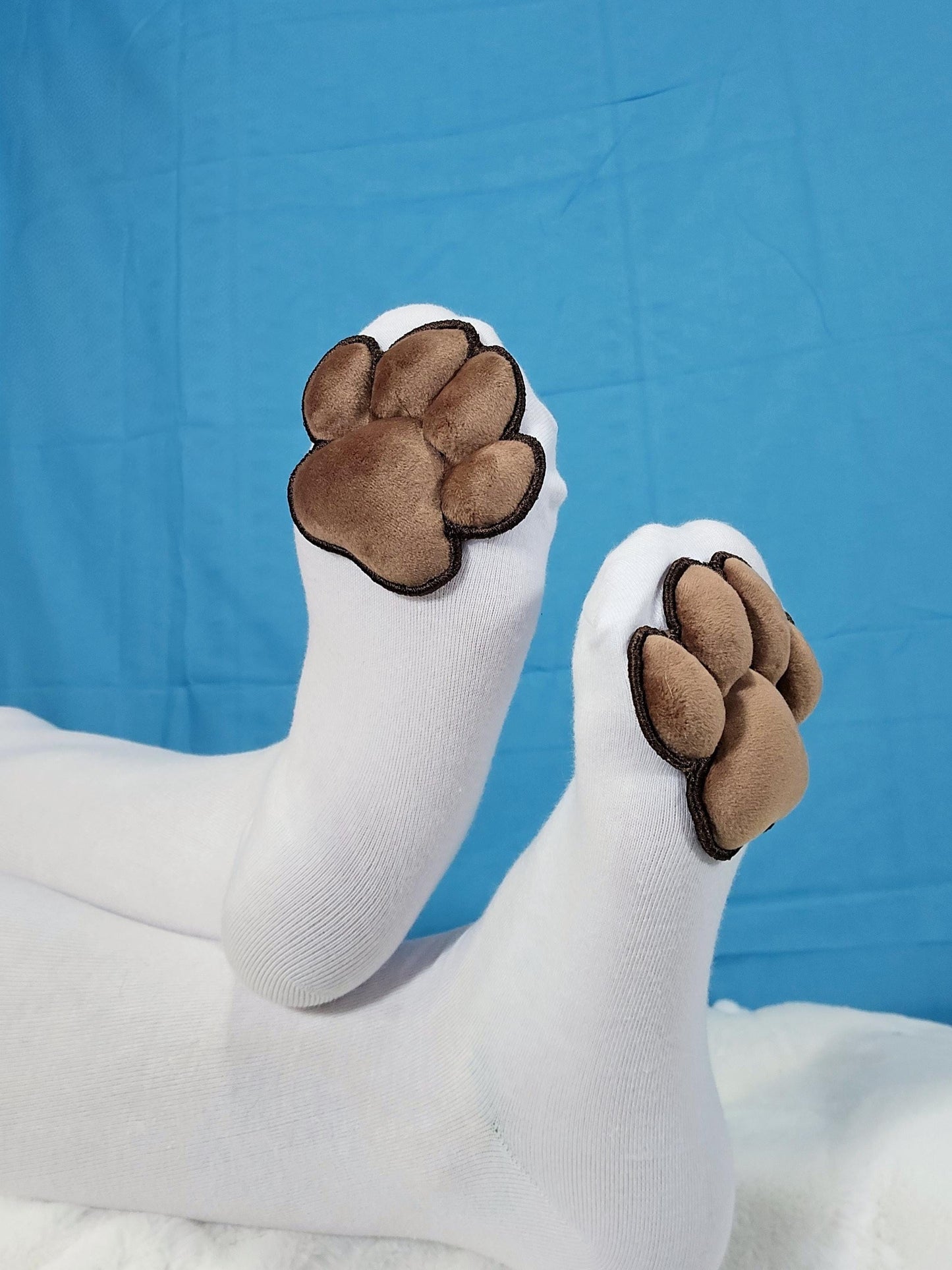 Plush Brown Mochi Paw Pad Beans on White Thigh High Stockings