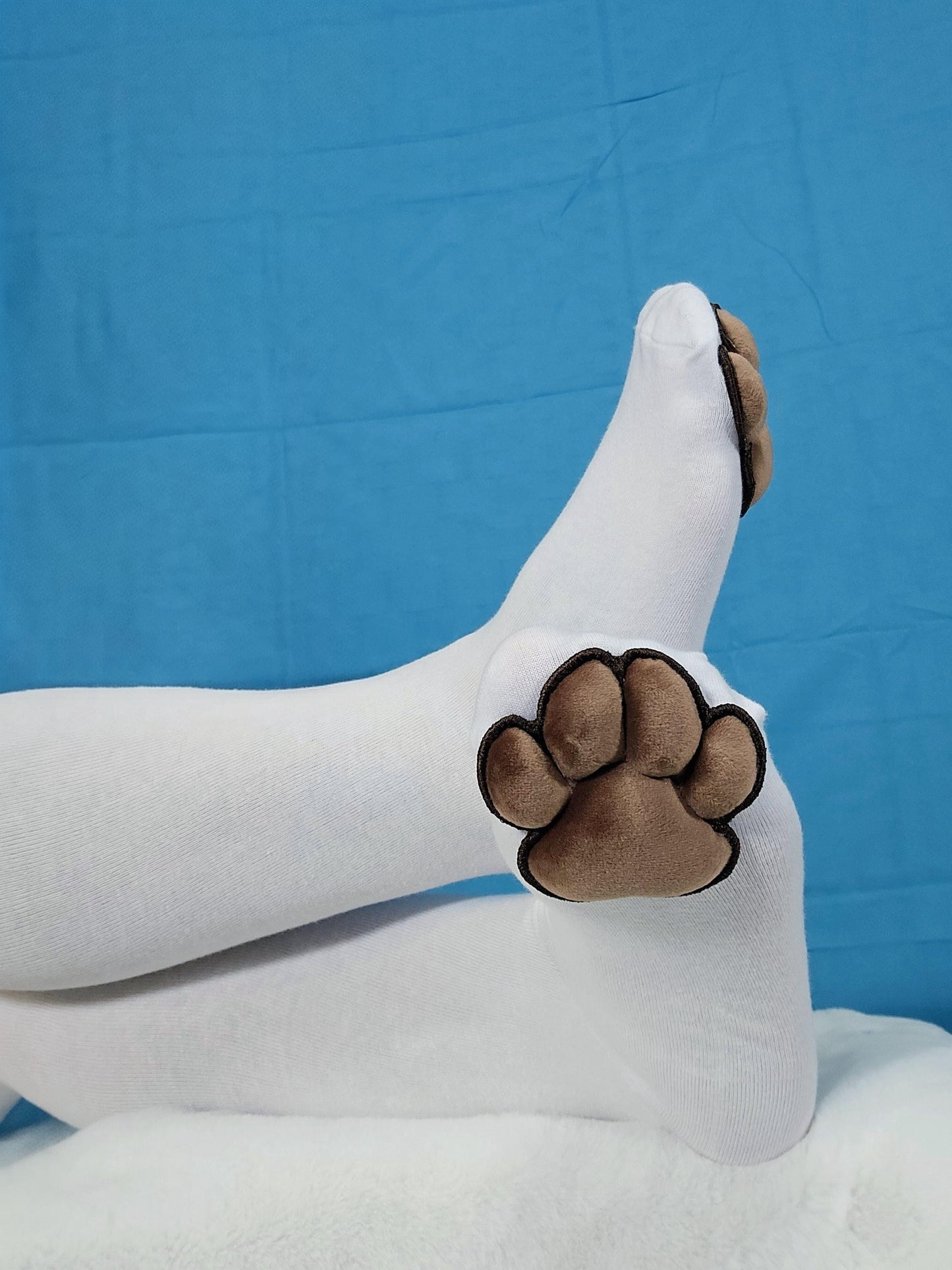 Plush Brown Mochi Paw Pad Beans on White Thigh High Stockings