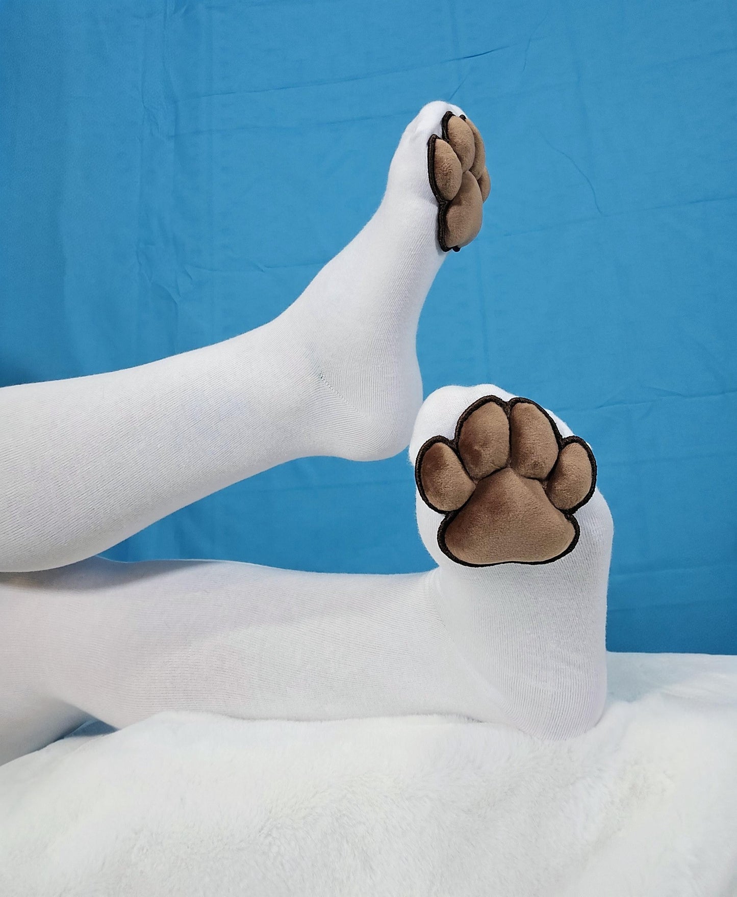 Plush Brown Mochi Paw Pad Beans on White Thigh High Stockings