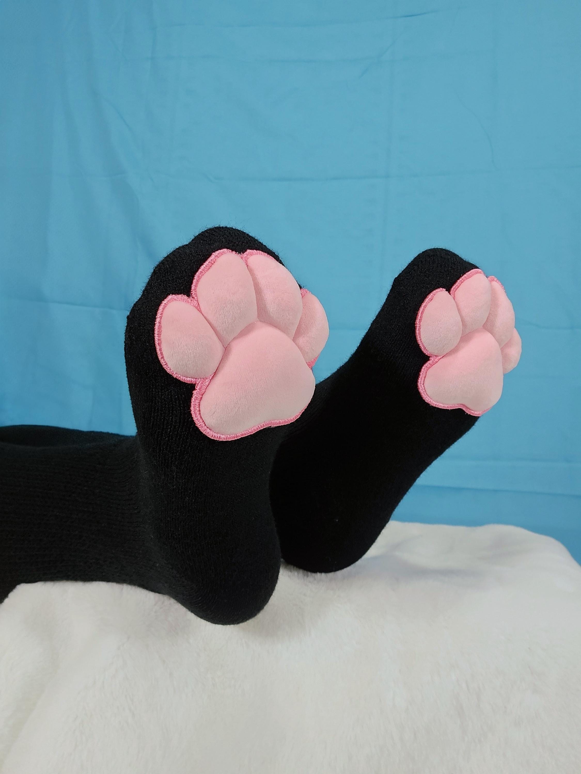 Pink Plush Mochi Paw Pads on Black Thigh High Socks