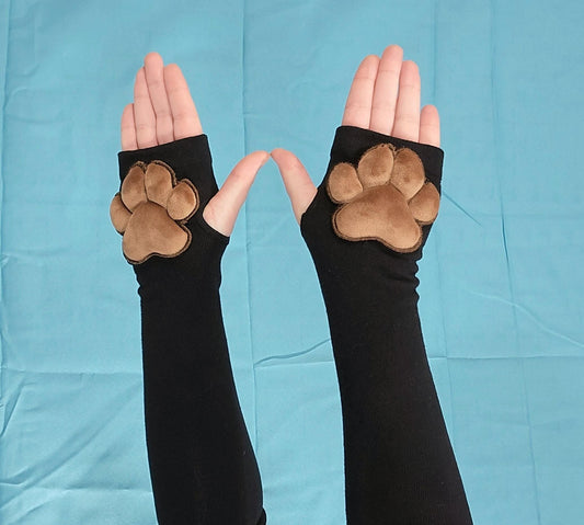 Brown Mochi Stuffed Cat Plush Pawpads on Black Fingerless Gloves