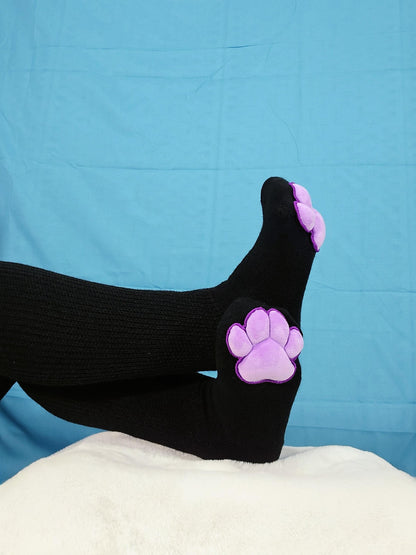 Plush Purple Mochi Paw Pad Socks Black Thigh Highs