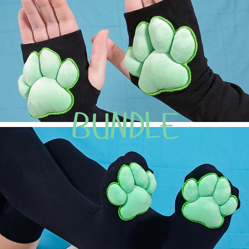 BUNDLE - Paw Pad Socks and Gloves Black with Green Plush Paw Pads