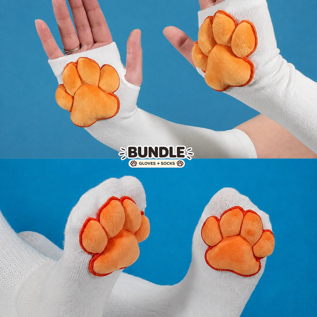 BUNDLE - White Gloves and Thigh High Socks with Orange Plush Bean Cat Paw Pads