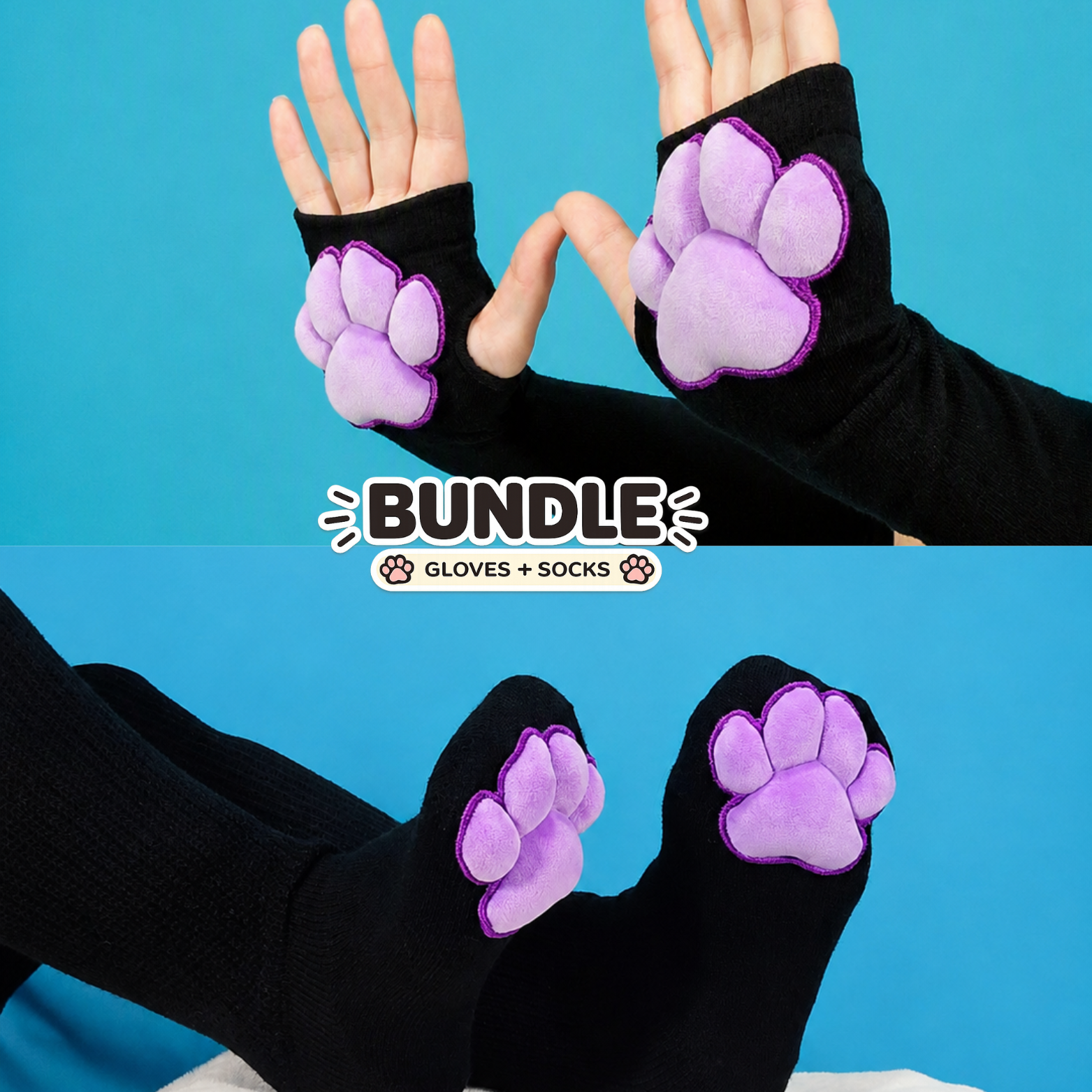 Bundle Black Gloves and Thigh High with Purple Plush Paw Pads