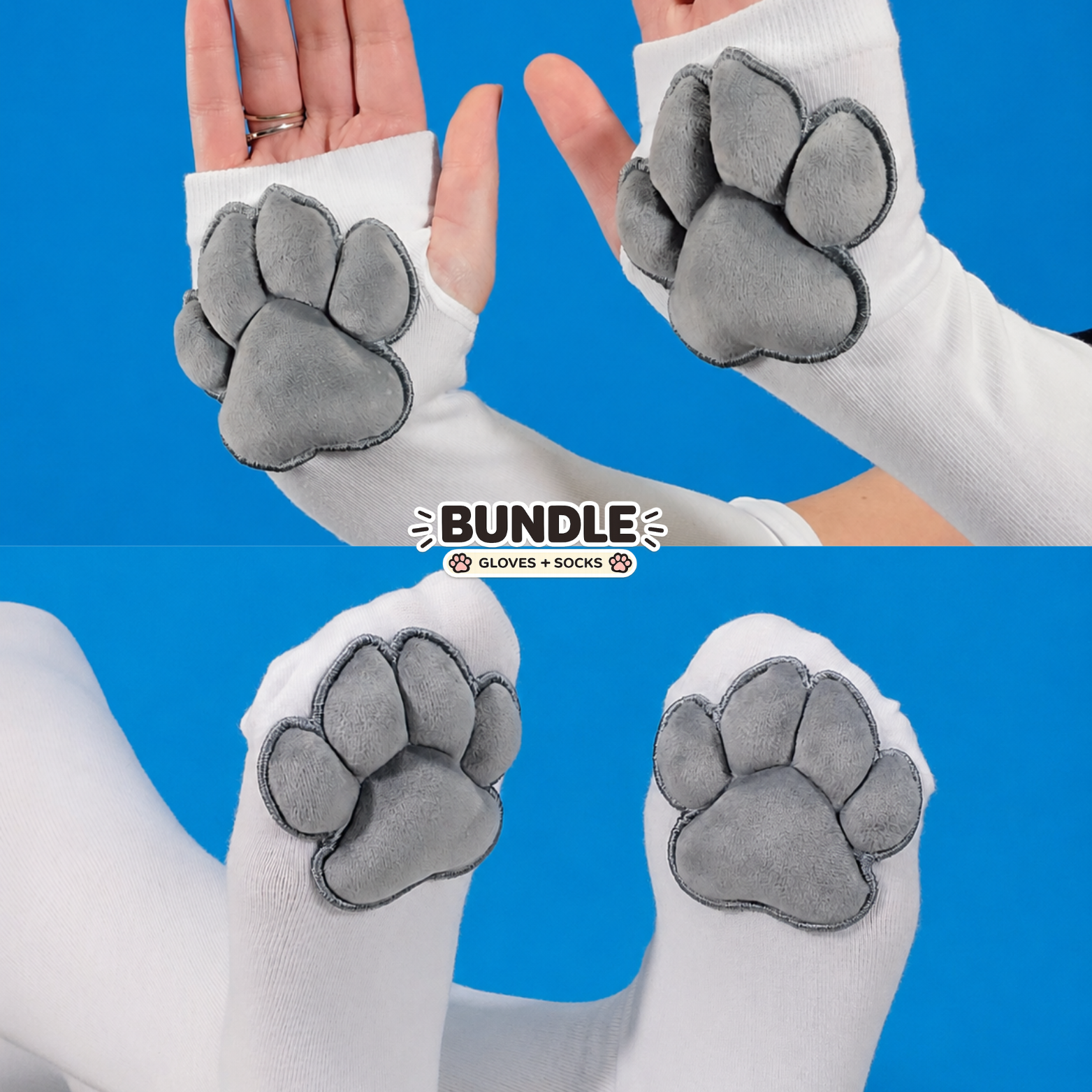 White Thigh High Cat Paw Socks & Glove Set– Grey Plush Paw Pads