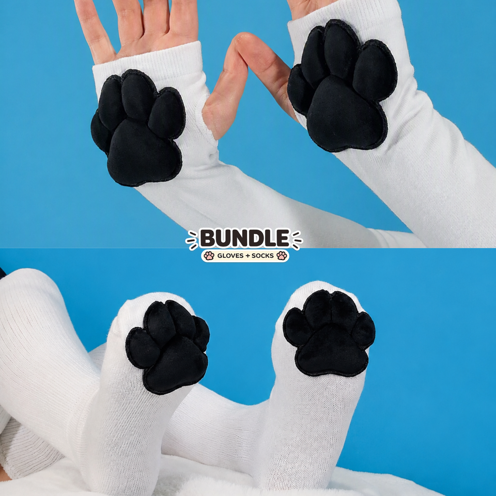 Paw Socks & Glove Set– Black Plush Paw Pads on White Thigh Highs