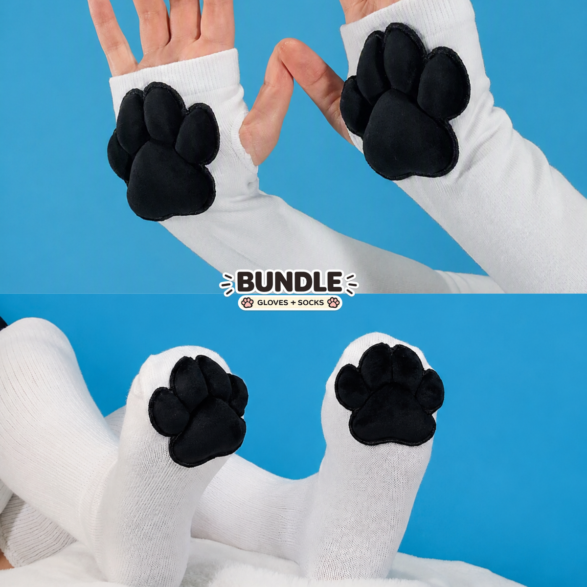 Paw Socks & Glove Set– Black Plush Paw Pads on White Thigh Highs