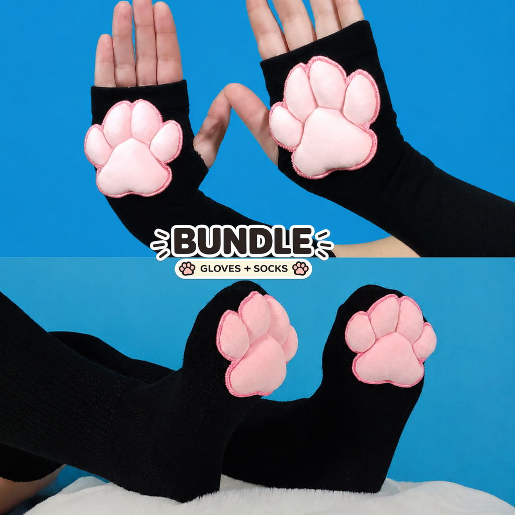 Paw Pad Socks and Gloves Bundle Black with Pink Plush Paw Pads