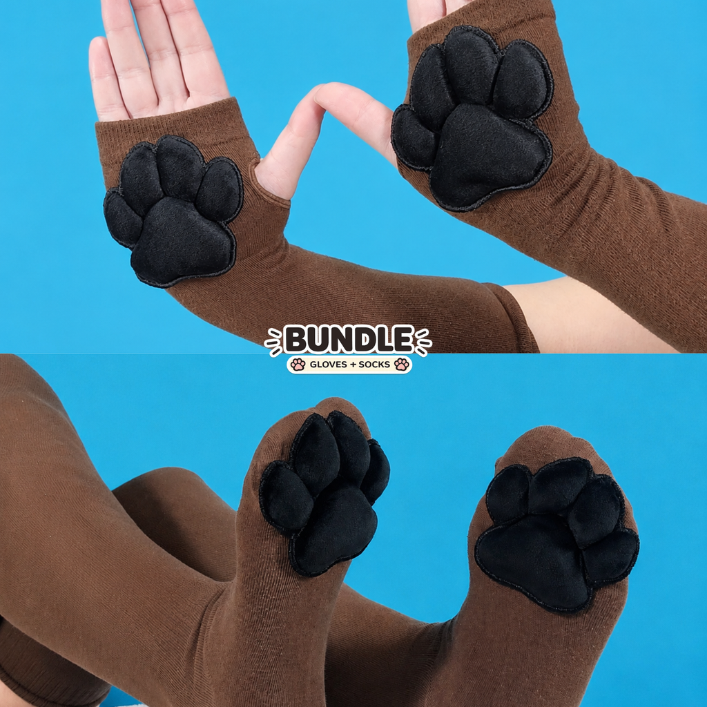 Brown Thigh High Cat Paw Socks & Glove Set - Black Plush Paw Pads