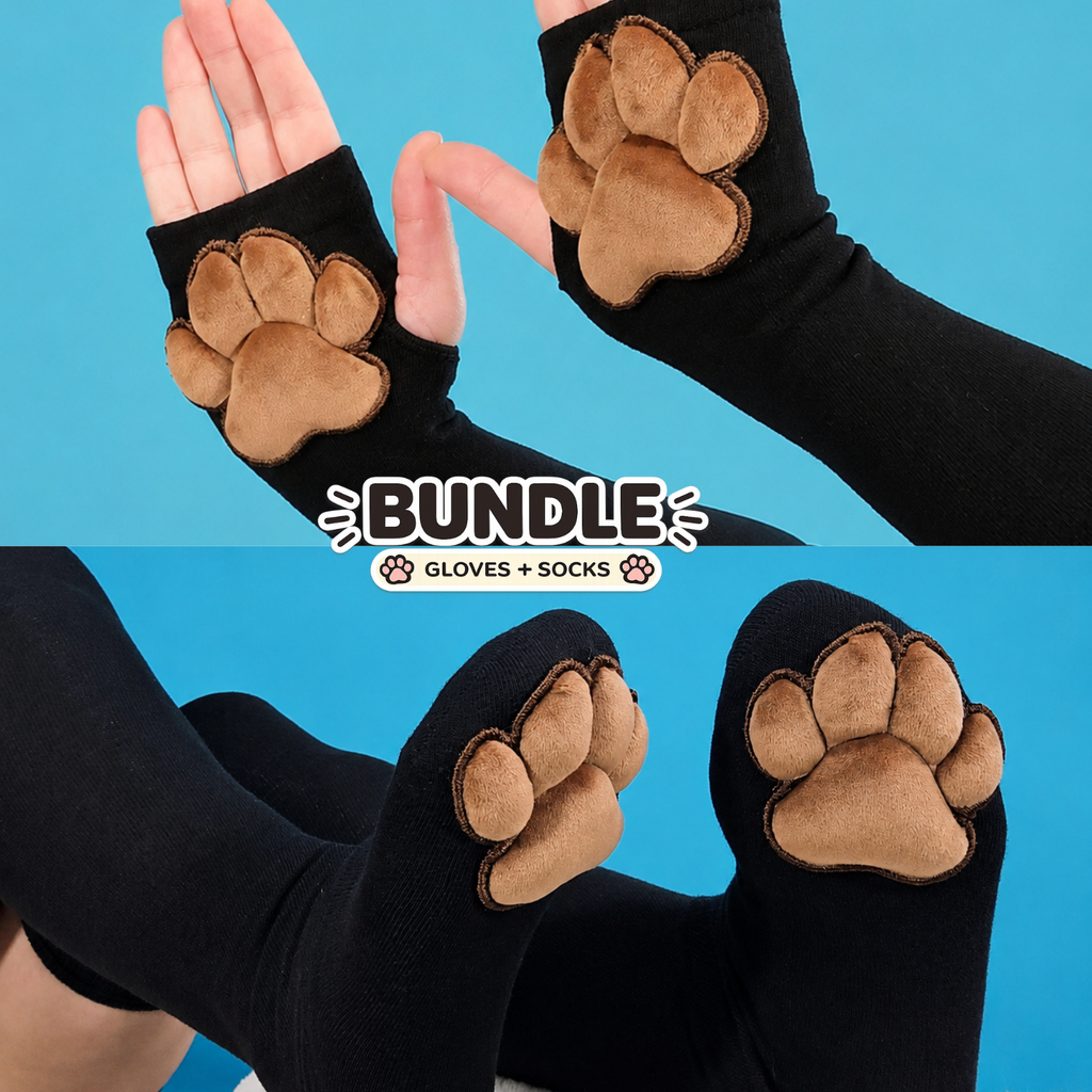 Paw Pad Socks and Gloves Bundle Black Thigh High with Brown Plush Paws
