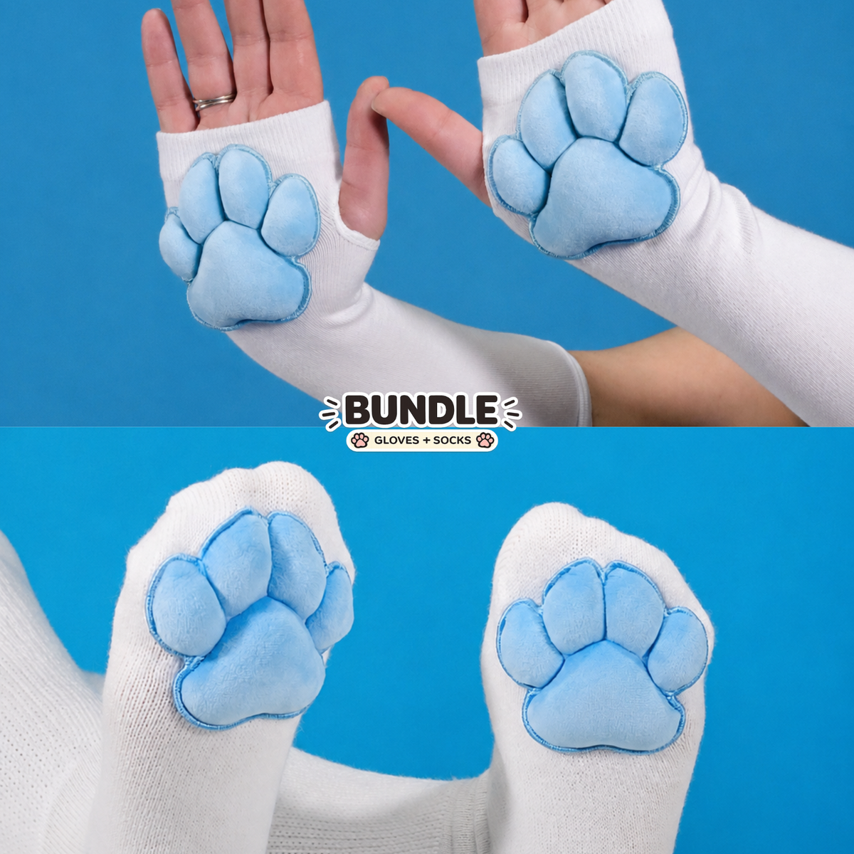 Paw Socks & Glove Set– Blue Plush Paw Pads on White Thigh Highs