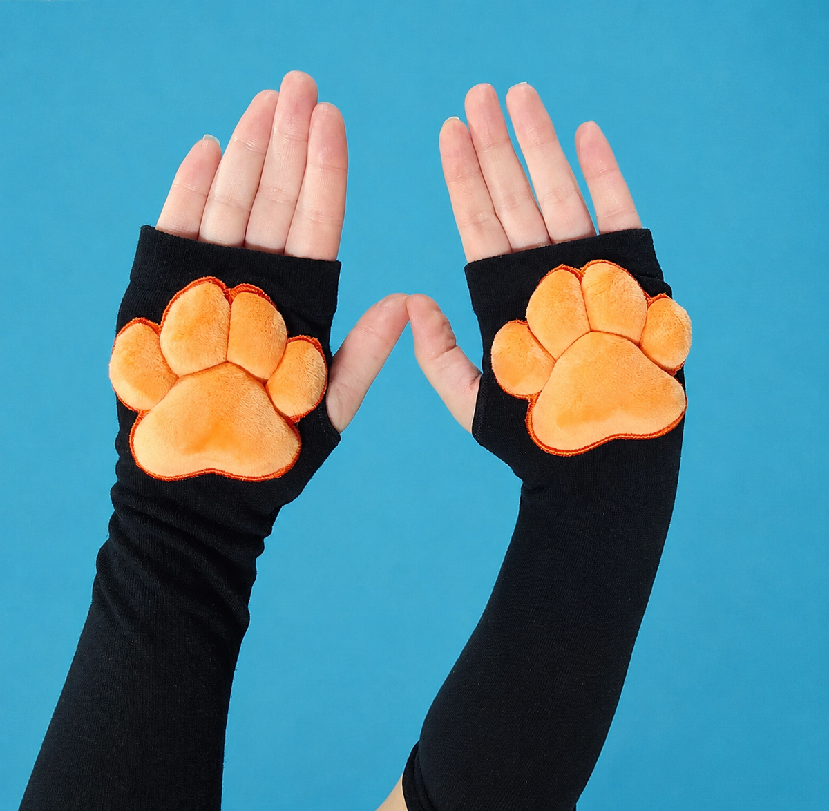 Plush Paw Gloves - Orange on Black Fingerless Furry Cosplay