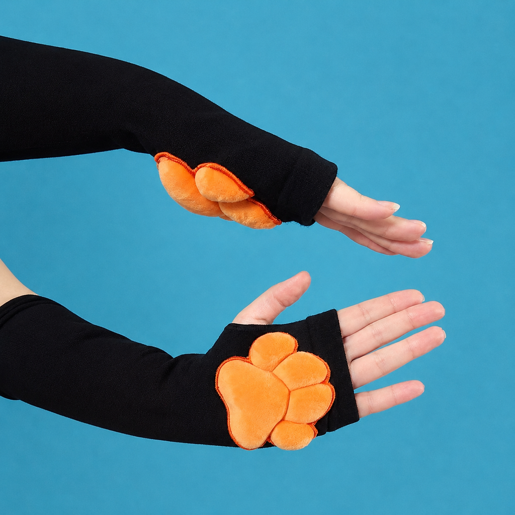 Paw Socks and Gloves Bundle - Orange Plush Pads on Black Thigh Highs Fingerless