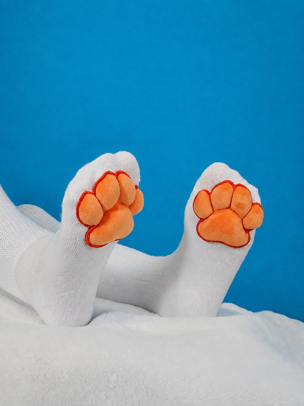 BUNDLE - White Gloves and Thigh High Socks with Orange Plush Bean Cat Paw Pads