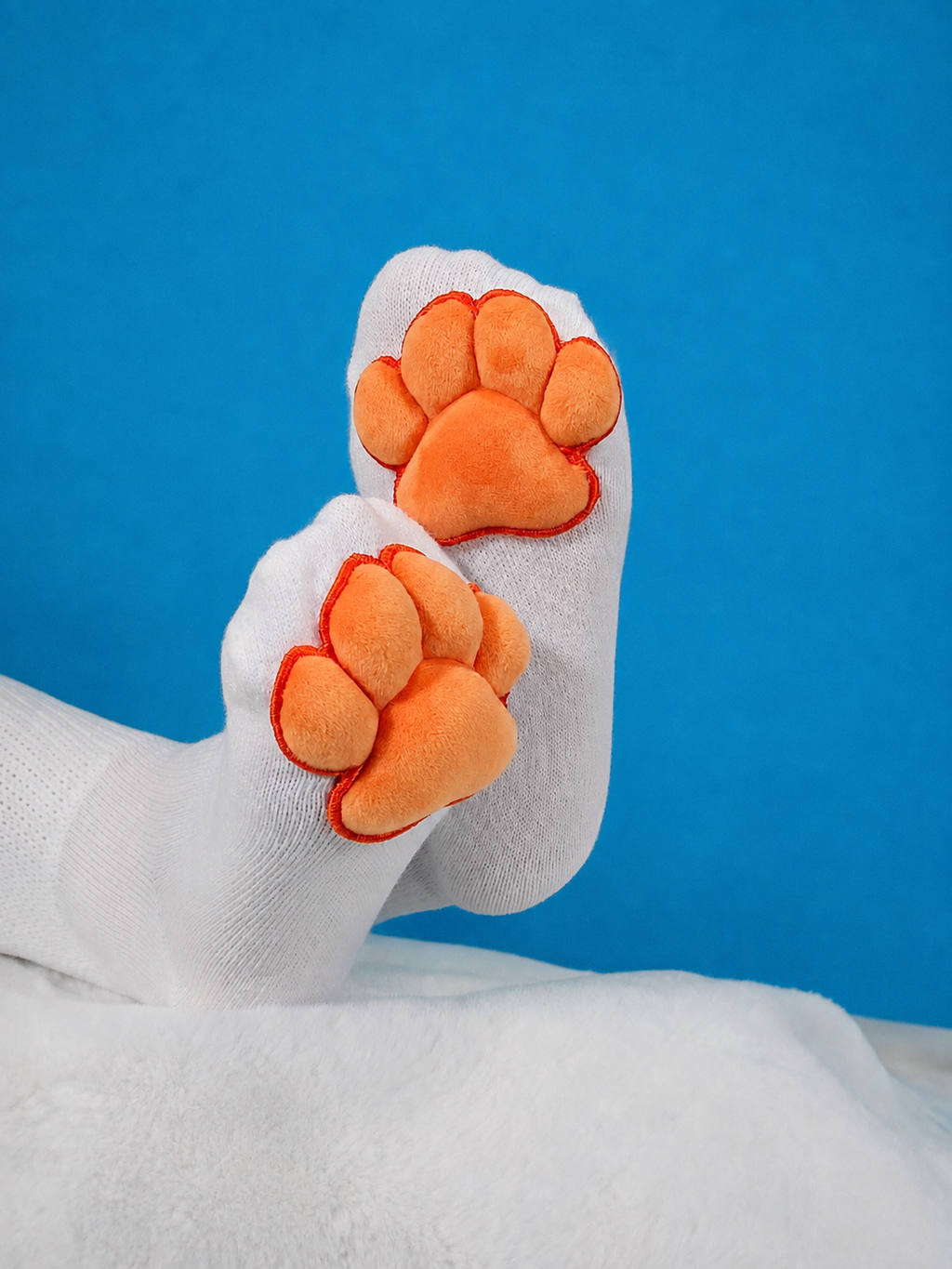 BUNDLE - White Gloves and Thigh High Socks with Orange Plush Bean Cat Paw Pads