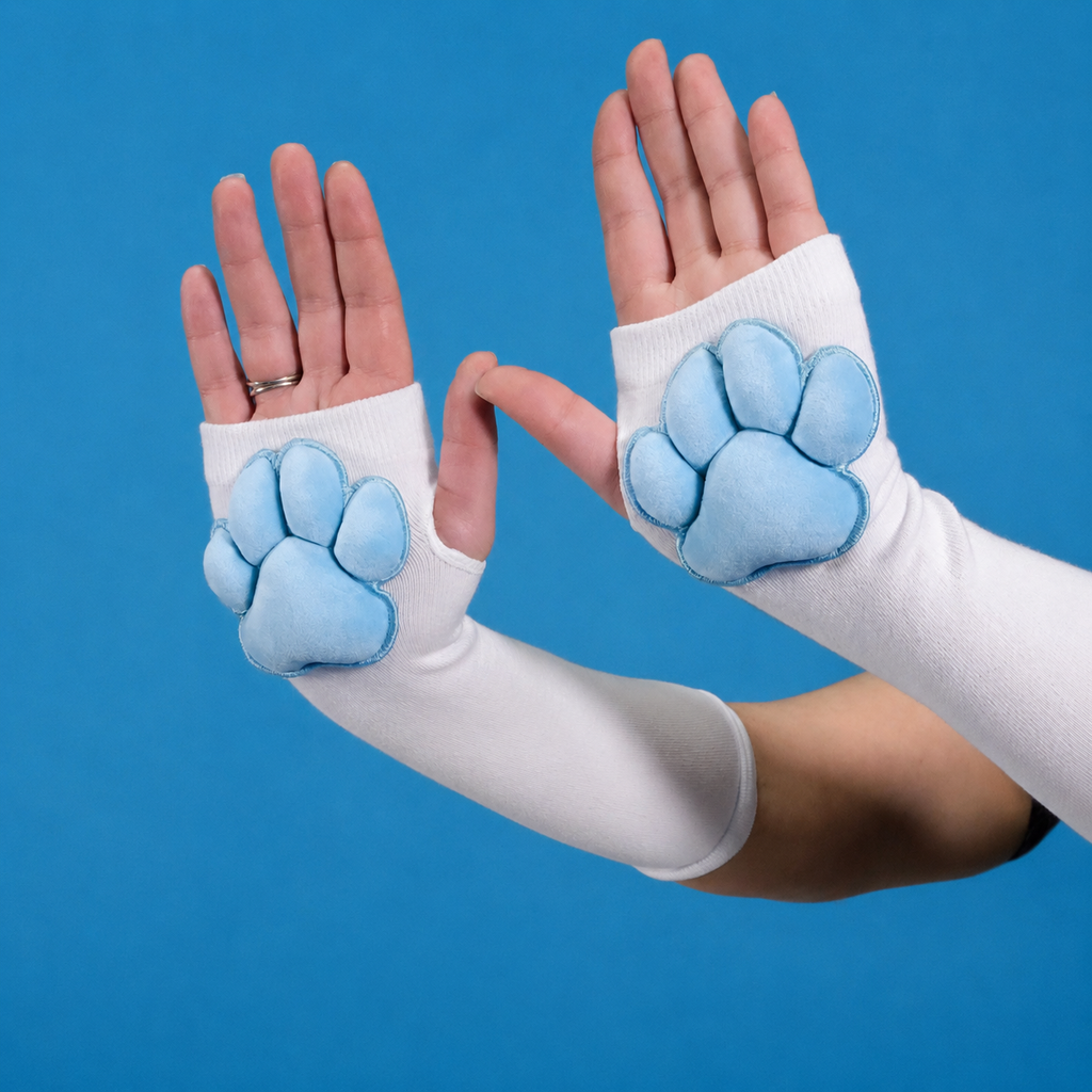 Blue Plush Paw Pads on White Fingerless Gloves for Cosplay Furry