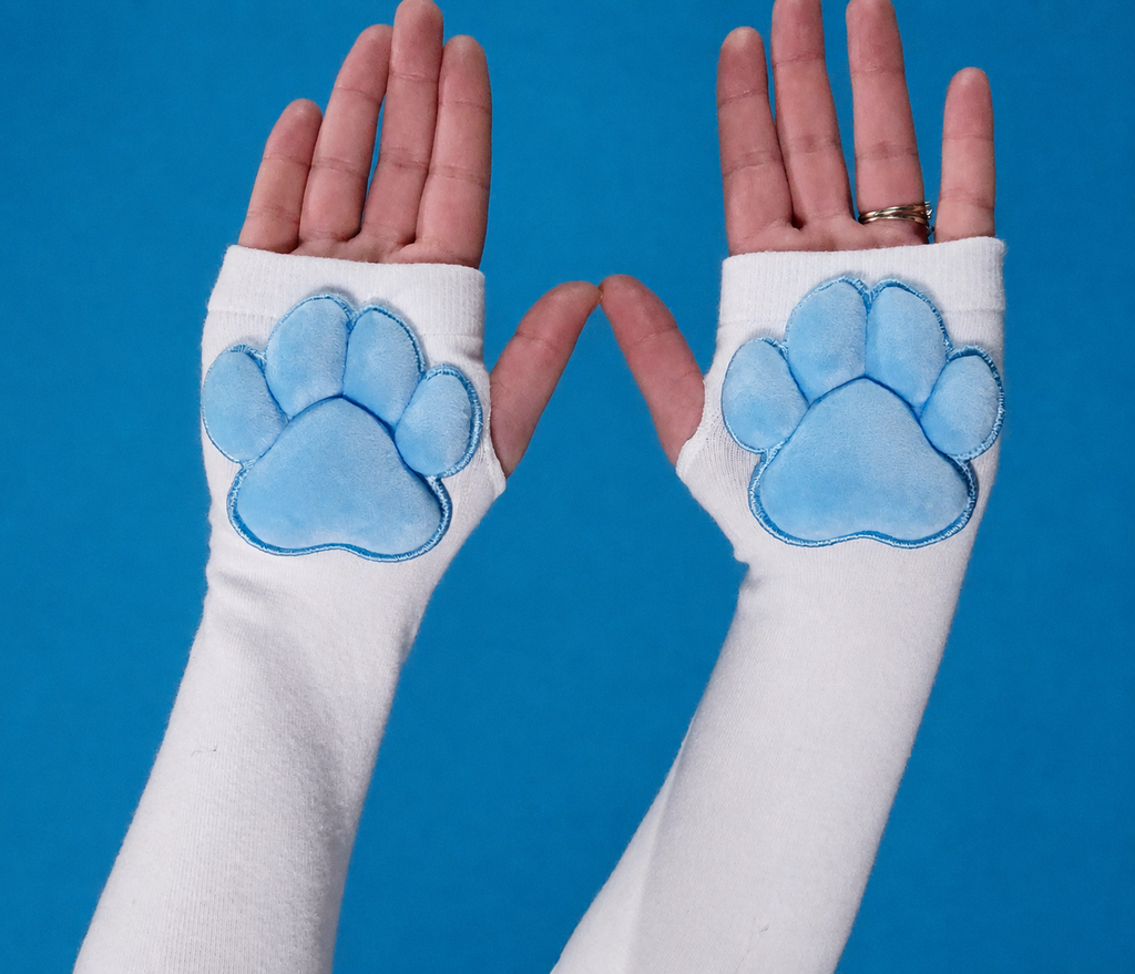 Blue Plush Paw Pads on White Fingerless Gloves for Cosplay Furry