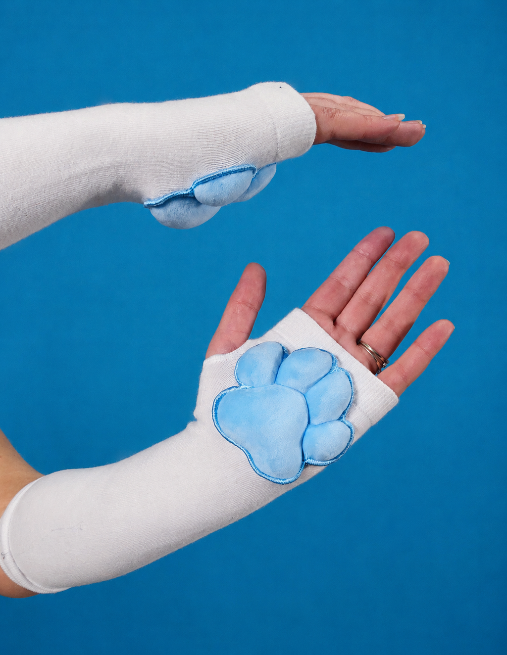 Blue Plush Paw Pads on White Fingerless Gloves for Cosplay Furry