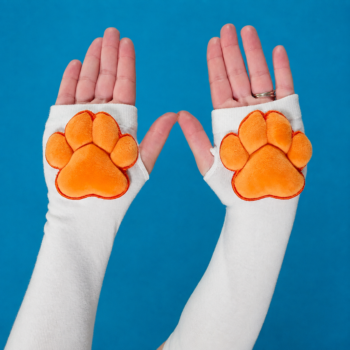 Orange Plush Paw Pads on White Fingerless Gloves for Cosplay Furry