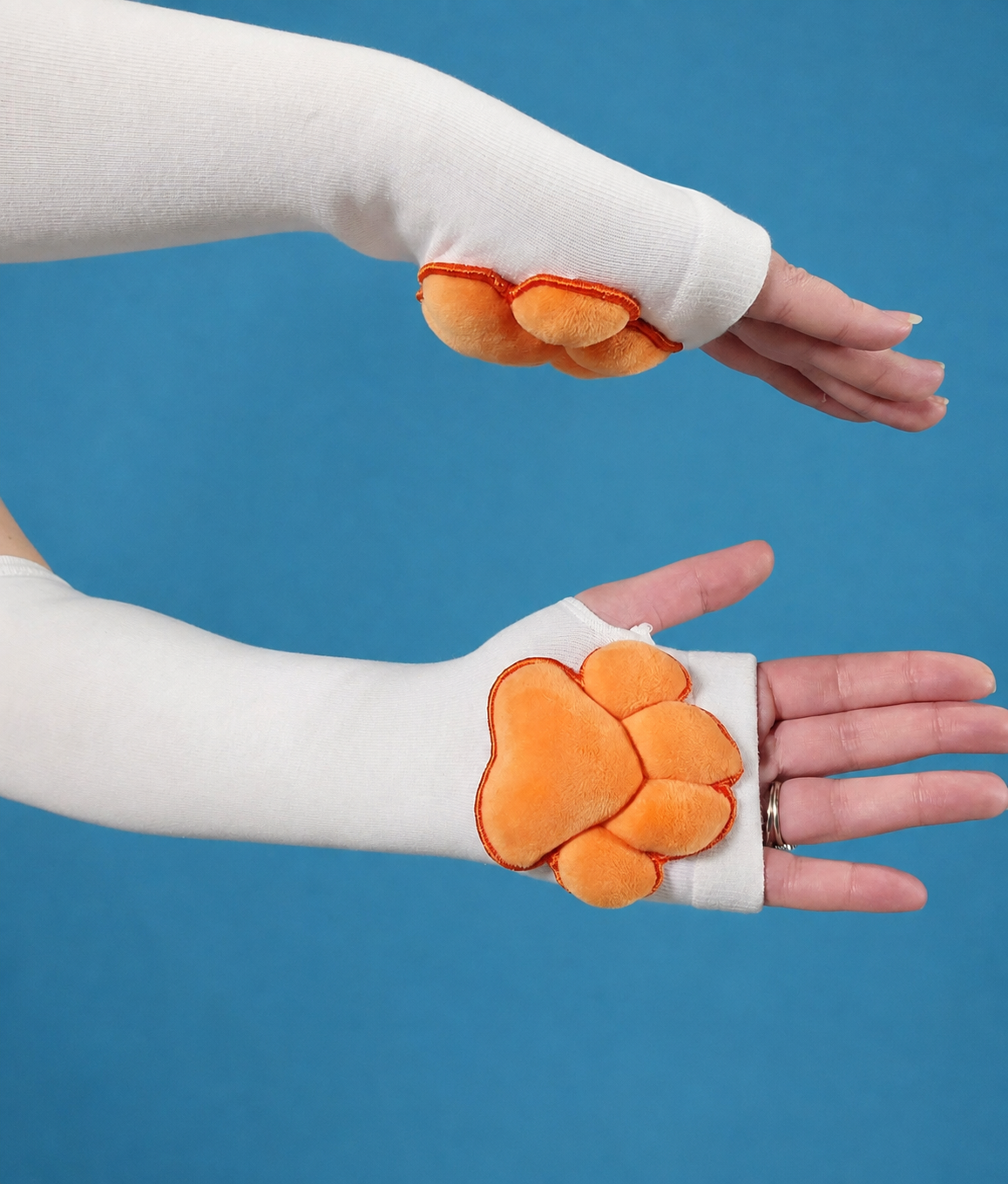 Orange Plush Paw Pads on White Fingerless Gloves for Cosplay Furry