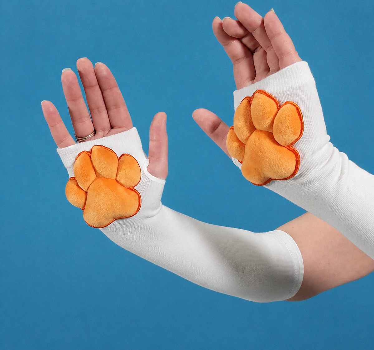 Orange Plush Paw Pads on White Fingerless Gloves for Cosplay Furry