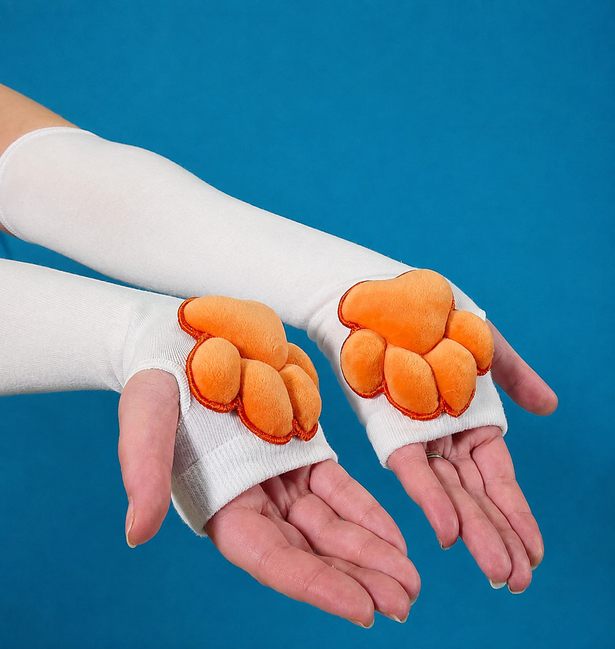 Orange Plush Paw Pads on White Fingerless Gloves for Cosplay Furry