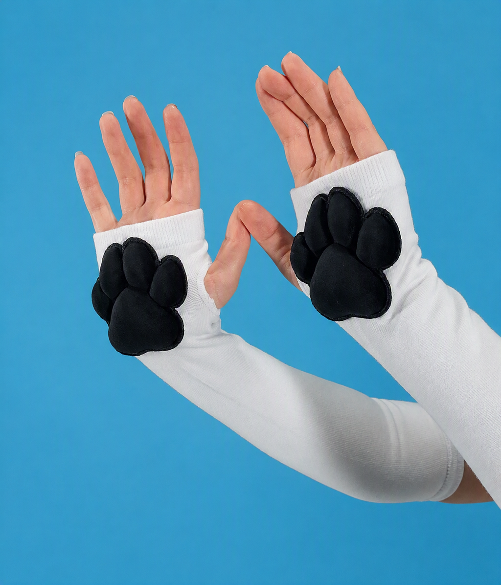 Black Plush Paw Pads on White Fingerless Gloves for Cosplay Furry