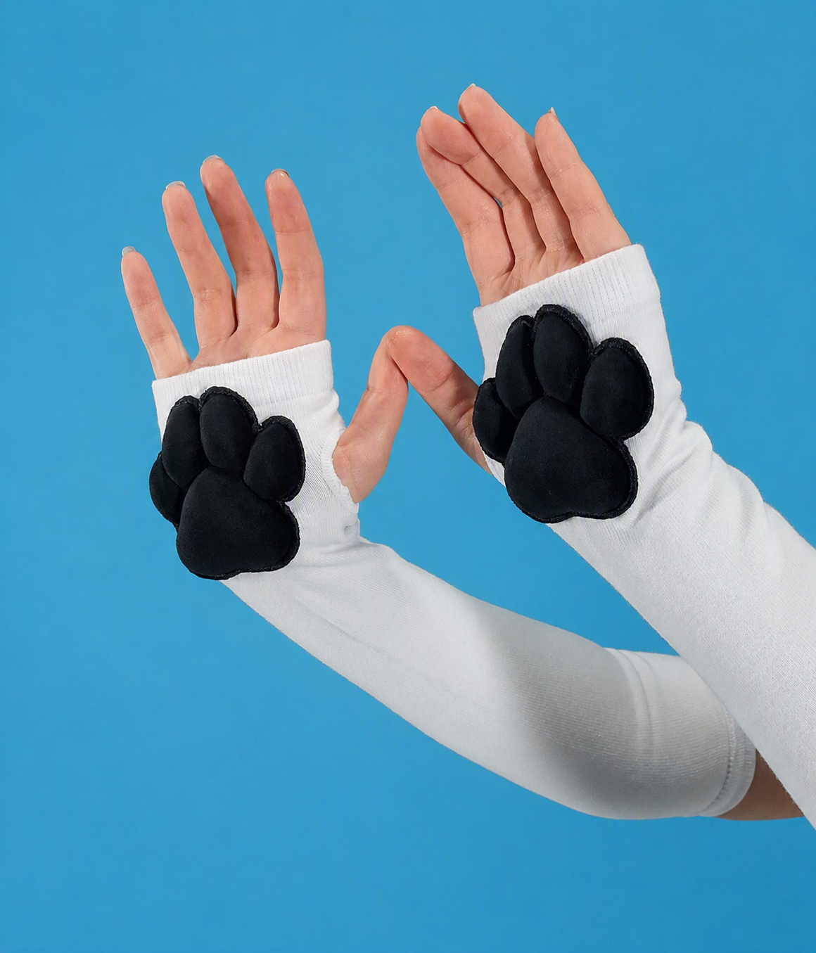 Black Plush Paw Pads on White Fingerless Gloves for Cosplay Furry