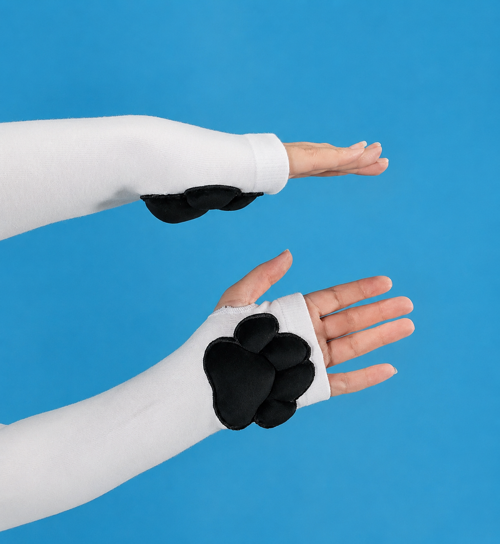 Black Plush Paw Pads on White Fingerless Gloves for Cosplay Furry