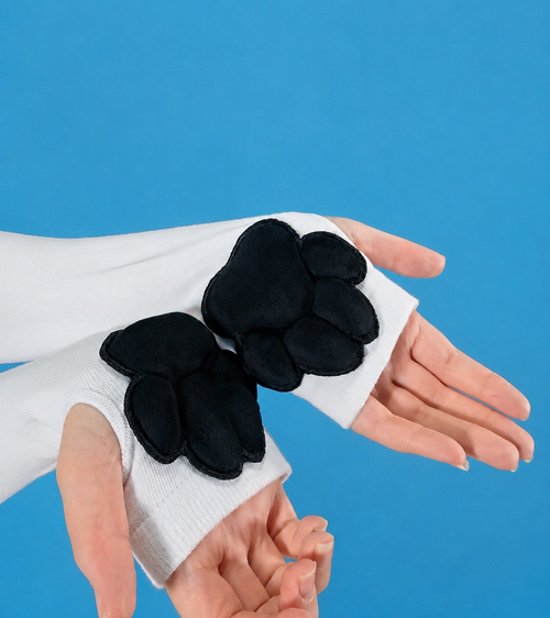 Black Plush Paw Pads on White Fingerless Gloves for Cosplay Furry