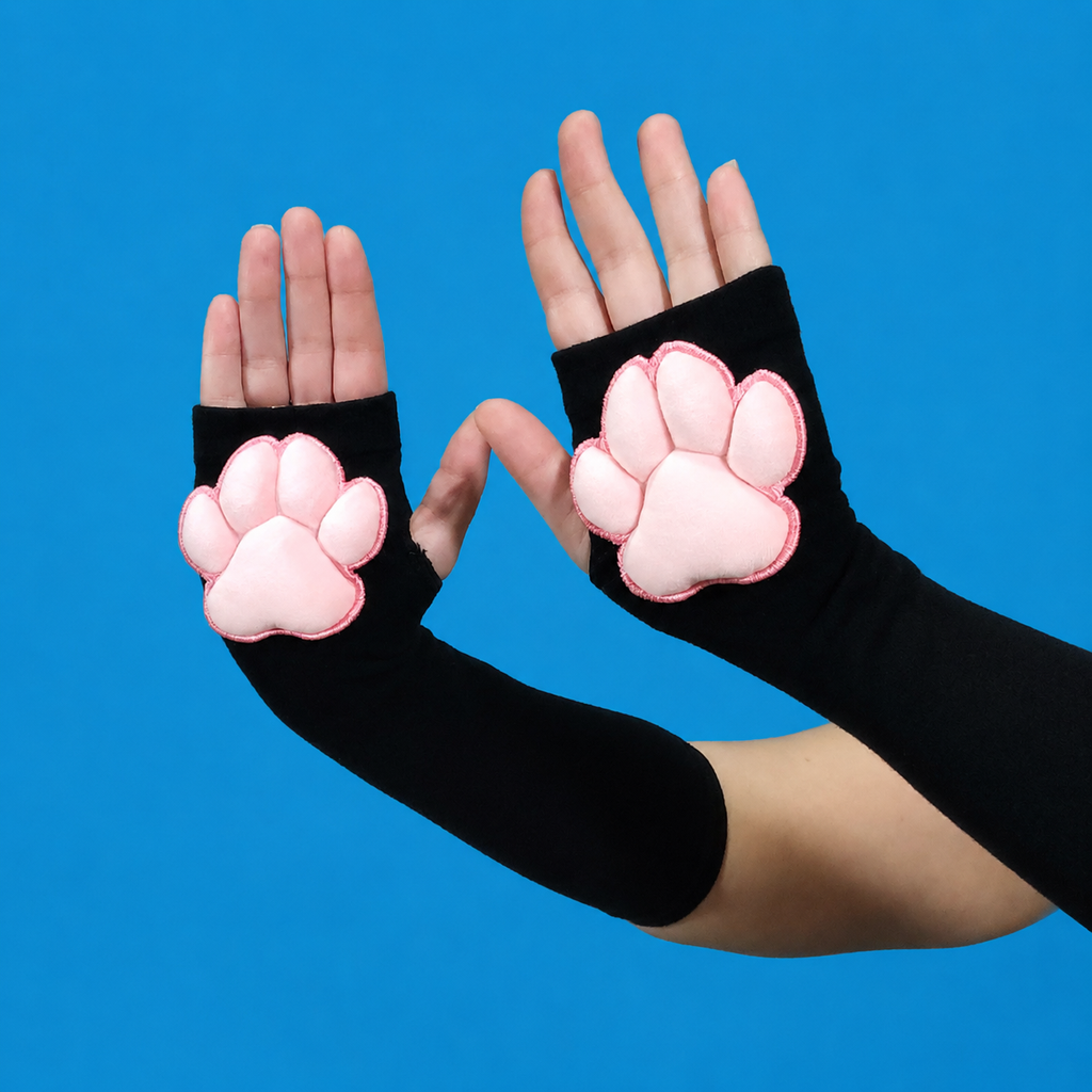 Pink Plush Paw Pads on Black Gloves