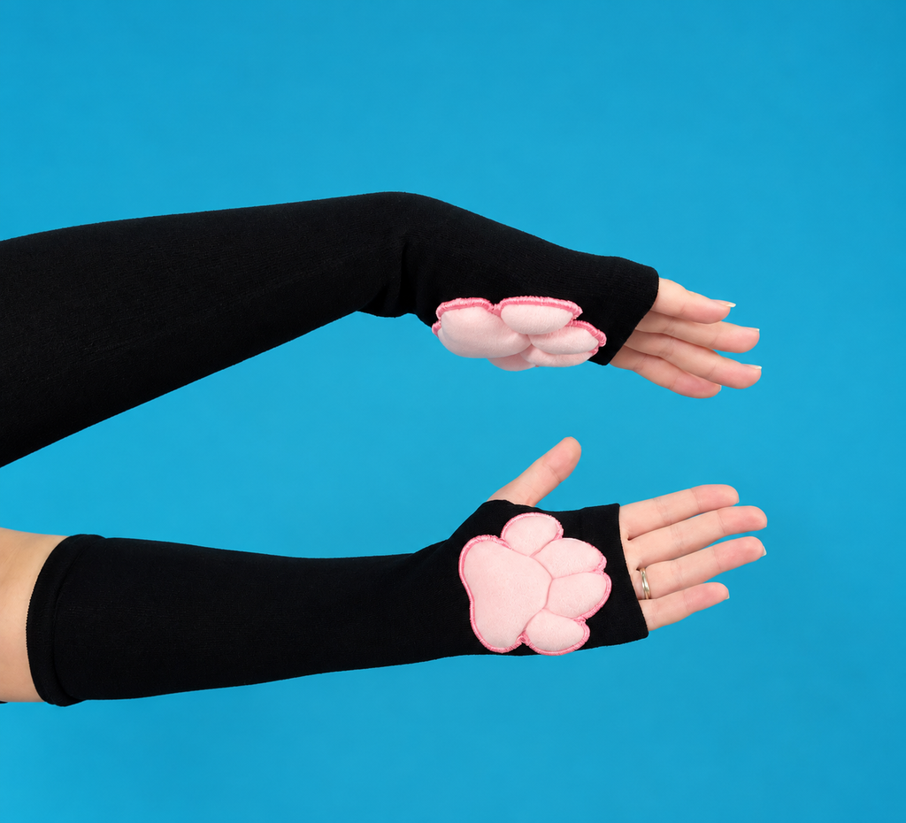 Pink Plush Paw Pads on Black Gloves