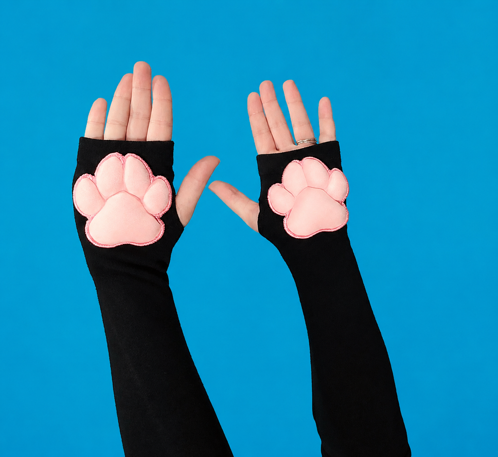 Pink Plush Paw Pads on Black Gloves