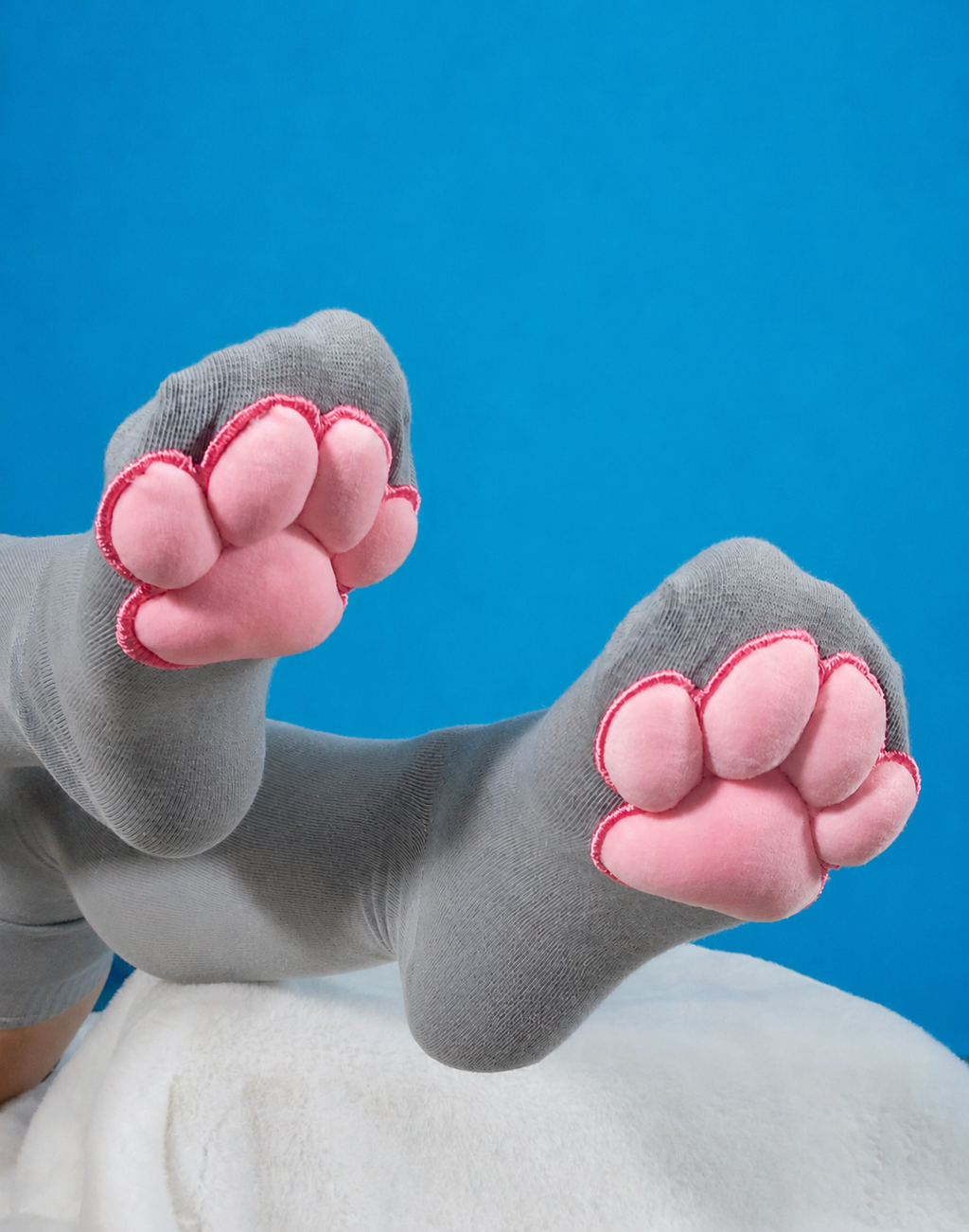 Plush Mochi Paw Socks - Pink with Grey Thigh Highs