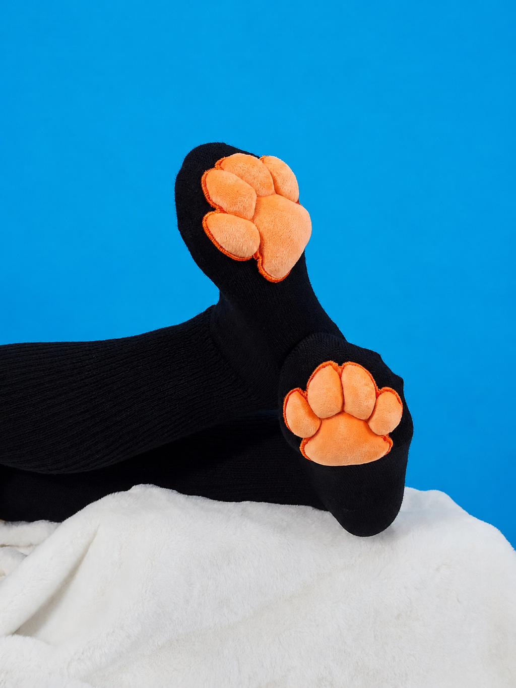 Paw Socks and Gloves Bundle - Orange Plush Pads on Black Thigh Highs Fingerless