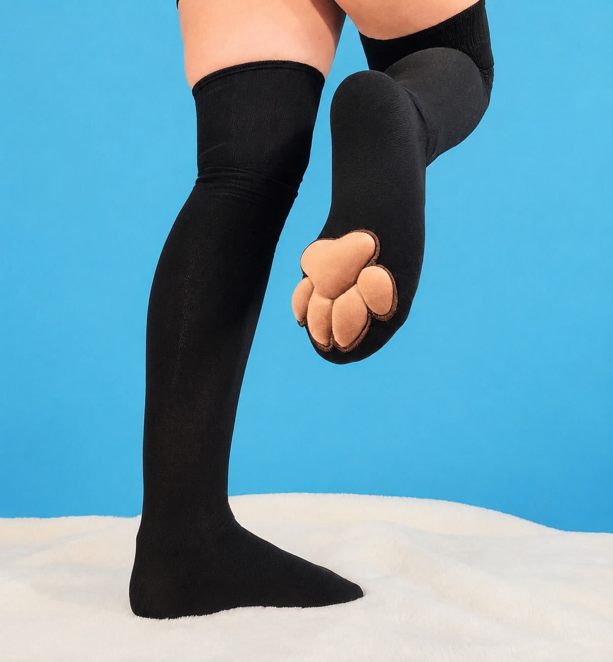 Paw Pad Socks and Gloves Bundle Black Thigh High with Brown Plush Paws