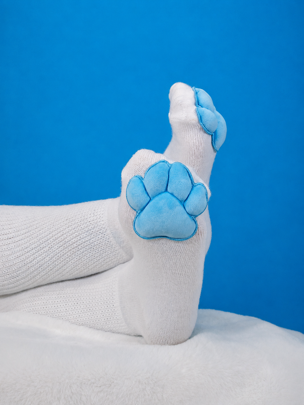 Plush Blue Mochi Paw Pads on White Thigh High Socks