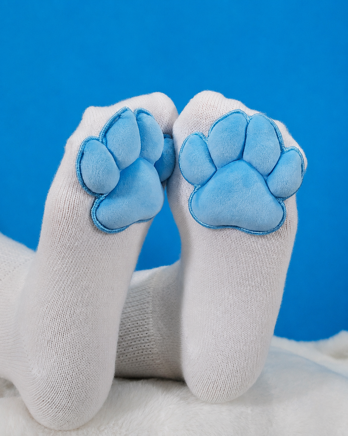 Plush Blue Mochi Paw Pads on White Thigh High Socks