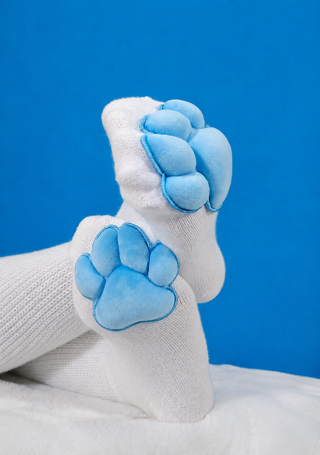 Plush Blue Mochi Paw Pads on White Thigh High Socks