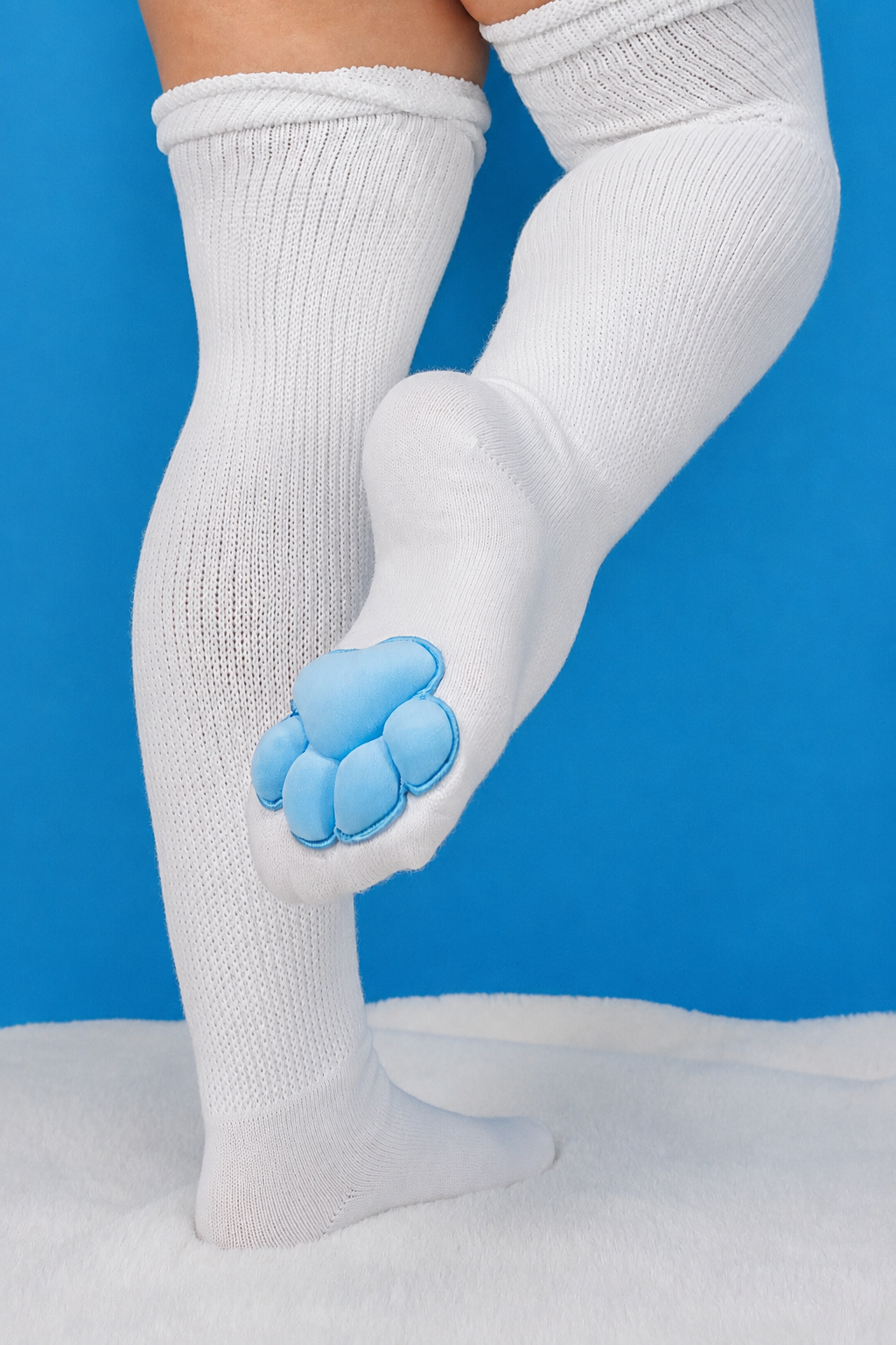 Plush Blue Mochi Paw Pads on White Thigh High Socks