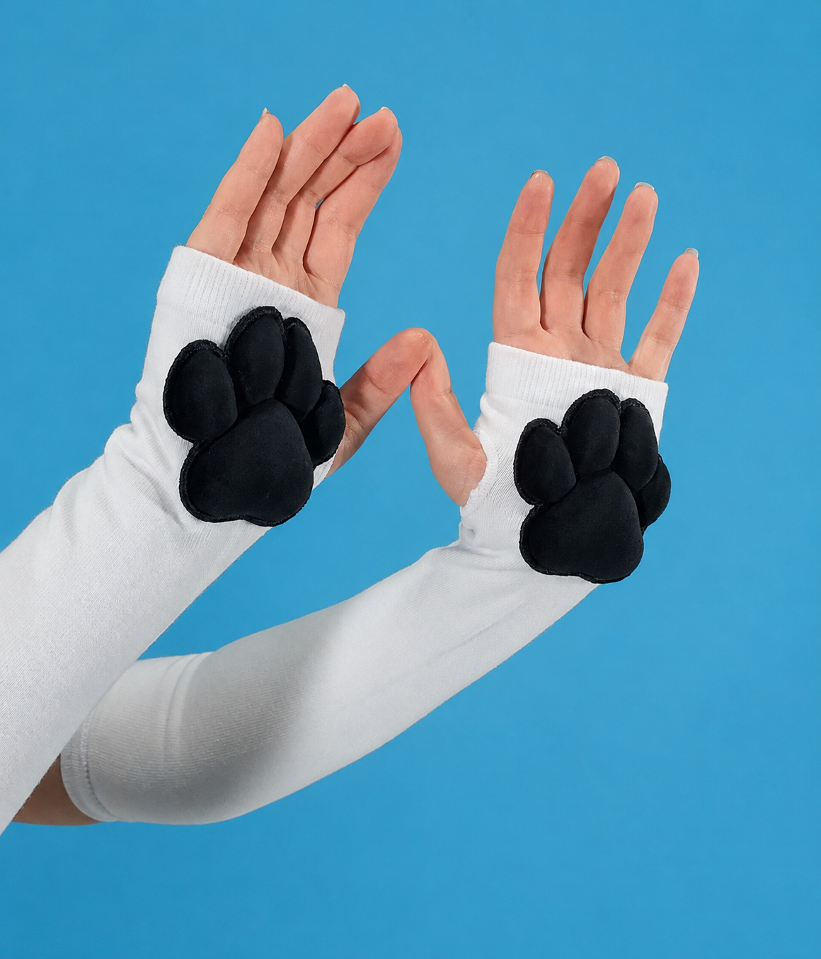 Paw Socks & Glove Set– Black Plush Paw Pads on White Thigh Highs